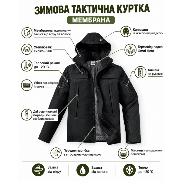 Куртка зимова тактика мембрана чорна - 3565694