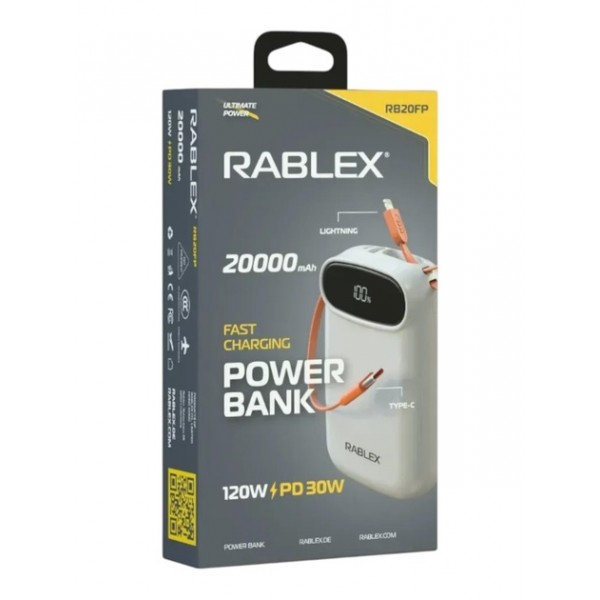 Павербанк Rablex RB20FP (20000 mAh, 120W+PD30W) з індикатором заряду White - 3592516 Павербанк Rablex RB20FP (20000 mAh, 120W+PD30W) з індикатором заряду White - 3592516
