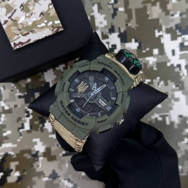 Patriot 005 Тризуб золото Army Green Паракордовий ремінець Khaki + Коробка. - 1201-0430-30