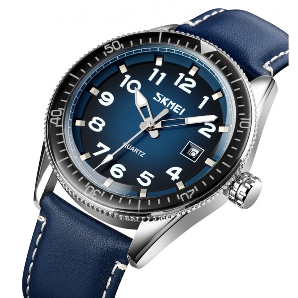 Skmei 9232LSIBU Silver-Blue-Leather Strap - 3591151