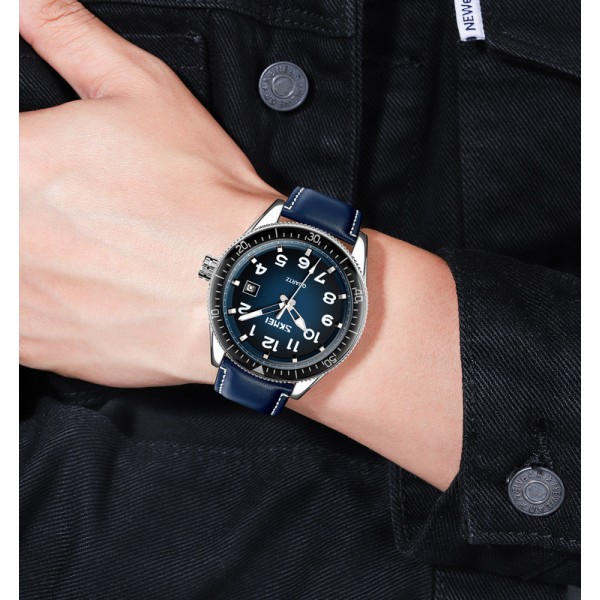 Skmei 9232LSIBU Silver-Blue-Leather Strap - 3591151