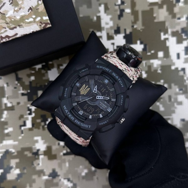 Patriot 005 Тризуб золото Чорний Паракордовий ремінець Desert Camo + Коробка - 1201-0402-30