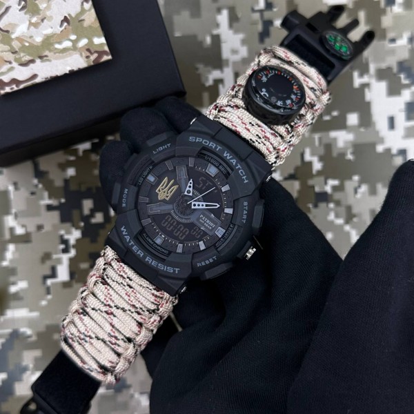 Patriot 005 Тризуб золото Чорний Паракордовий ремінець Desert Camo + Коробка - 1201-0402-30