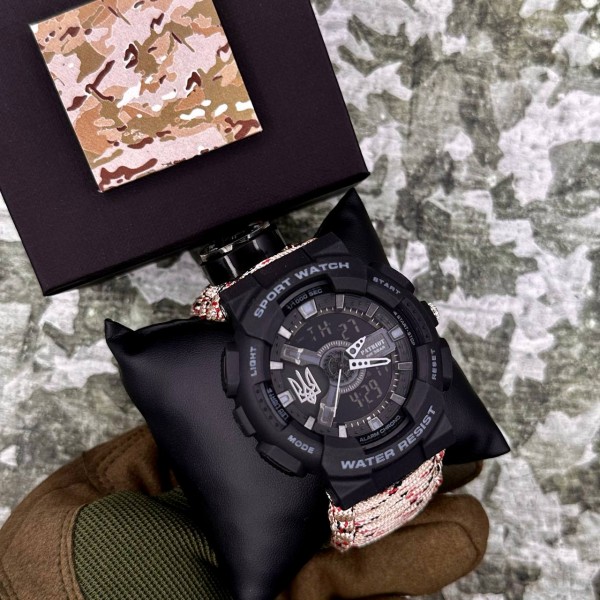 Patriot 005 Тризуб срібло Чорний Паракордовий ремінець Desert Camo + Коробка - 1201-0401-30