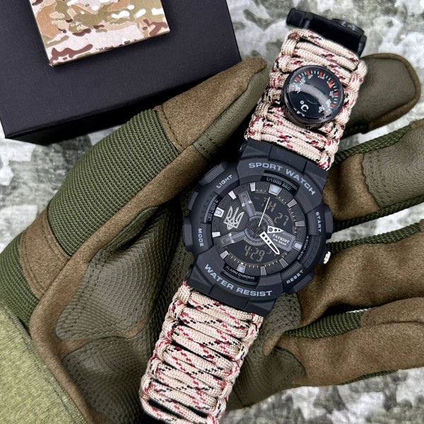 Patriot 005 Тризуб срібло Чорний Паракордовий ремінець Desert Camo + Коробка - 1201-0401-30