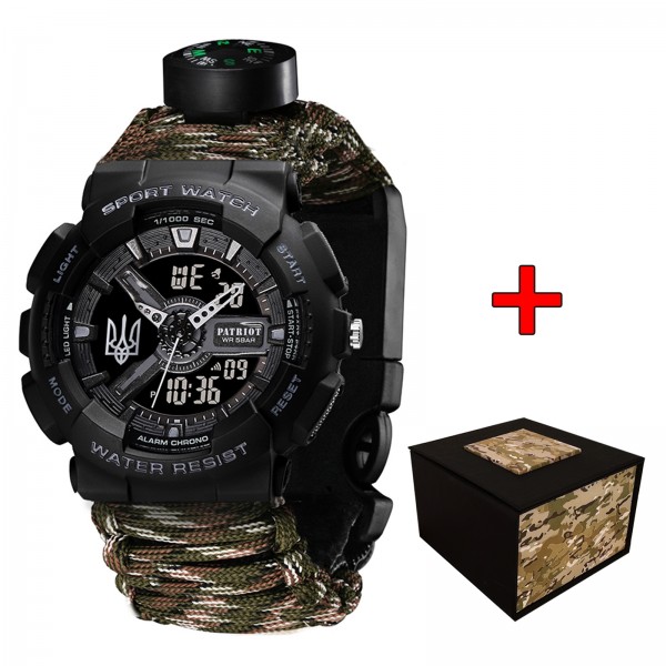 Patriot 005 Тризуб срібло Чорний Паракордовий ремінець Camo Green + Коробка. - 1201-0403-30