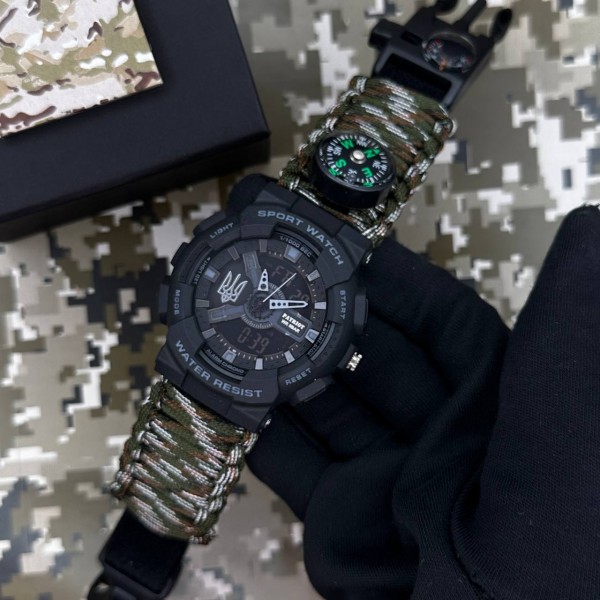 Patriot 005 Тризуб срібло Чорний Паракордовий ремінець Camo Green + Коробка. - 1201-0403-30 Patriot 005 Тризуб срібло Чорний Паракордовий ремінець Camo Green + Коробка. - 1201-0403-30