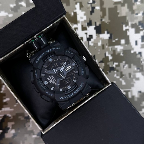 Patriot 005 Тризуб срібло Чорний Паракордовий ремінець Camo Green + Коробка. - 1201-0403-30 Patriot 005 Тризуб срібло Чорний Паракордовий ремінець Camo Green + Коробка. - 1201-0403-30