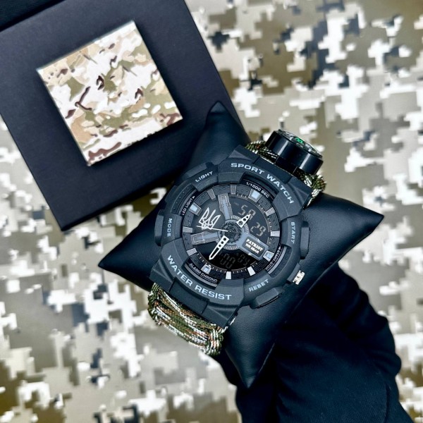 Patriot 005 Тризуб срібло Чорний Паракордовий ремінець Camo Green + Коробка. - 1201-0403-30 Patriot 005 Тризуб срібло Чорний Паракордовий ремінець Camo Green + Коробка. - 1201-0403-30