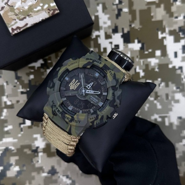 Patriot 005 Тризуб золото Camo Green Паракордовий ремінець Khaki + Коробка. - 1201-0427-30 Patriot 005 Тризуб золото Camo Green Паракордовий ремінець Khaki + Коробка. - 1201-0427-30