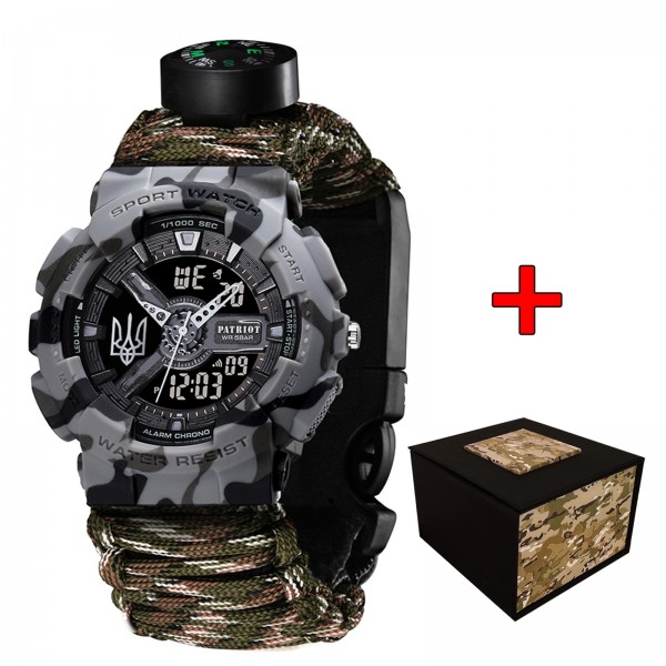 Patriot 005 Тризуб срібло Сірий камуфляж Паракордовий ремінець Camo Green + Коробк - 1201-0405-30