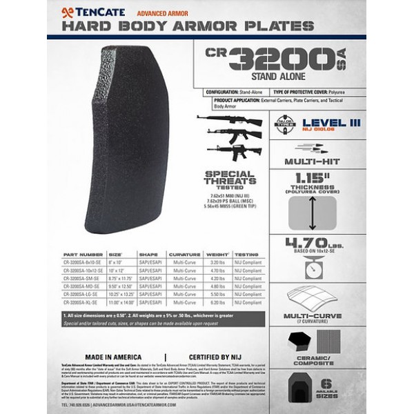 Комплект бронеплит полегшенні Tencate CR3200SA SAPI Cut Multi Curve NIJ 0101.06 Level 3+ (2,2 кг) США - 3593236
