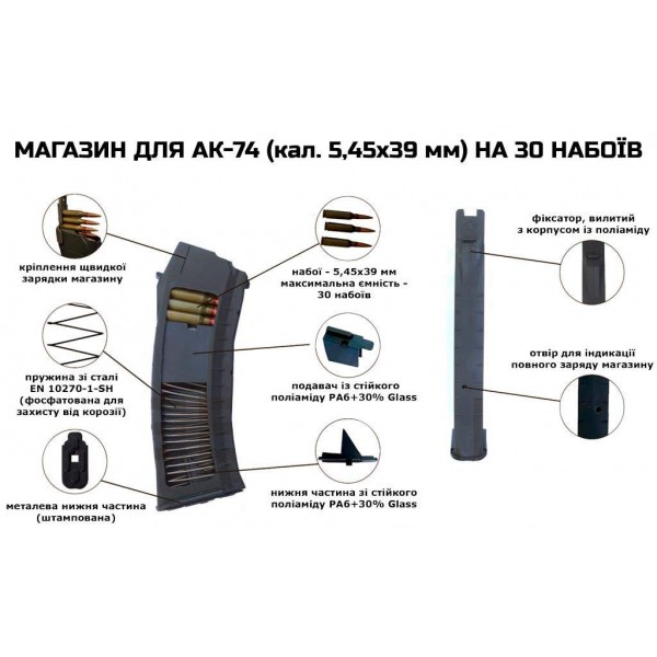 Магазин кал. 5,45x39 для АК-74 на 30 патронов (полимер) черный - 3577418