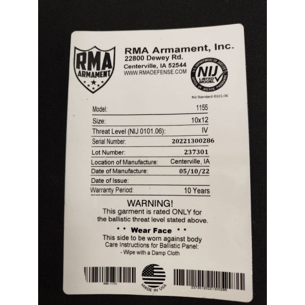 Комплект бронеплит 6 класу захисту RMA Armament USA - 3575820