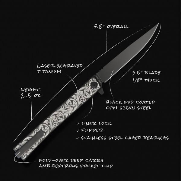 Нож Ocaso "Solstice", Engraved titanium Scroll Pattern, Black - 10ESB Нож Ocaso "Solstice", Engraved titanium Scroll Pattern, Black - 10ESB
