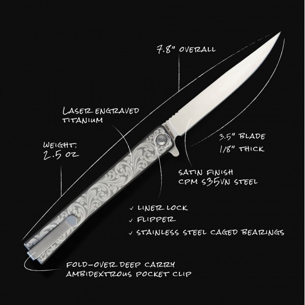 Ніж Ocaso "Solstice", Engraved titanium, Scroll Pattern, Satin - 10ESS Ніж Ocaso "Solstice", Engraved titanium, Scroll Pattern, Satin - 10ESS