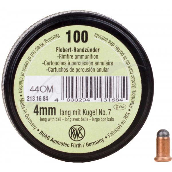 Патрон Флобера RWS Flobert Cartridges кал. 4 мм lang (Long) пуля - ball №7 (свинцовый шарик). Упаковка 100 шт. - 3110637
